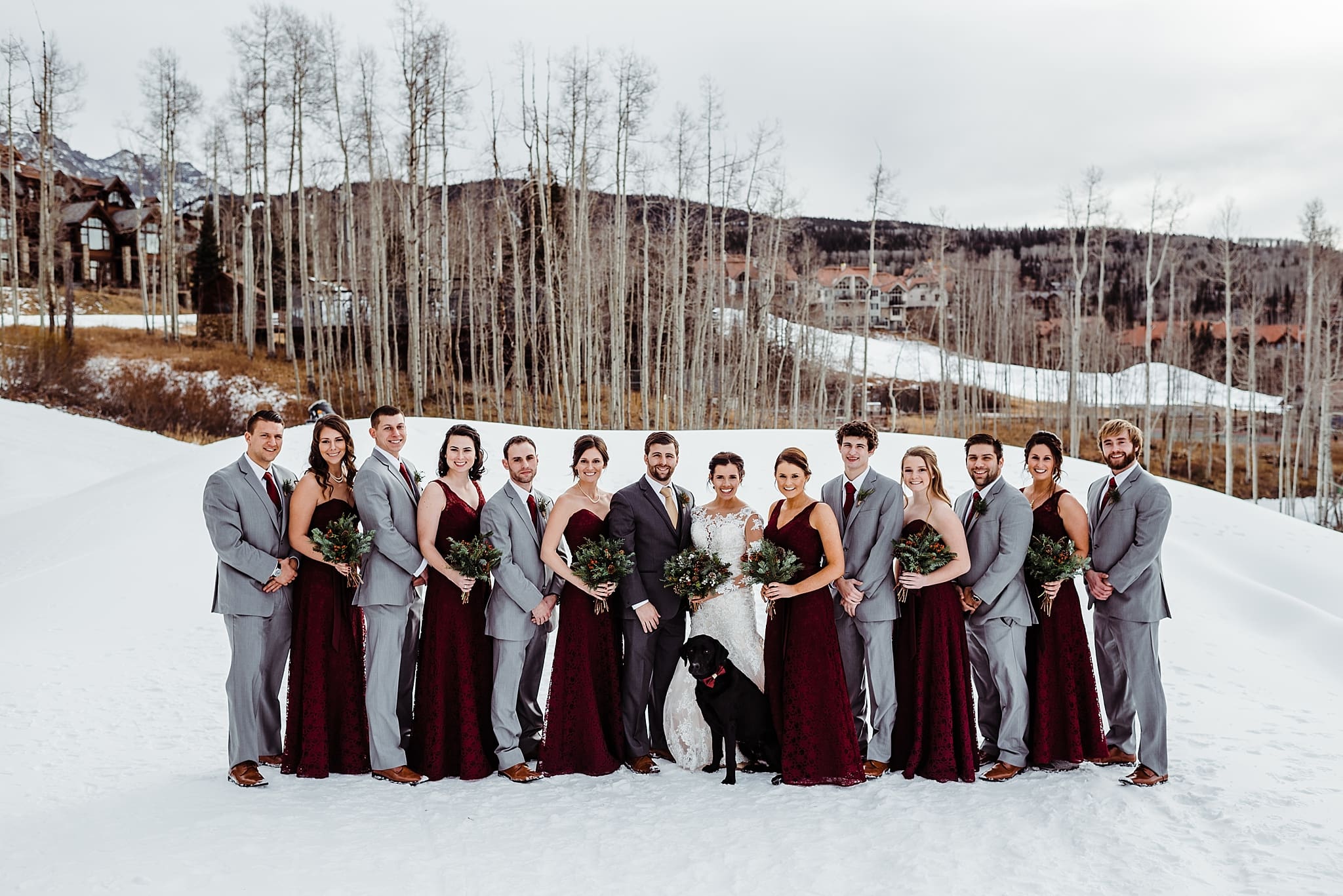 gray and cranberry wedding party