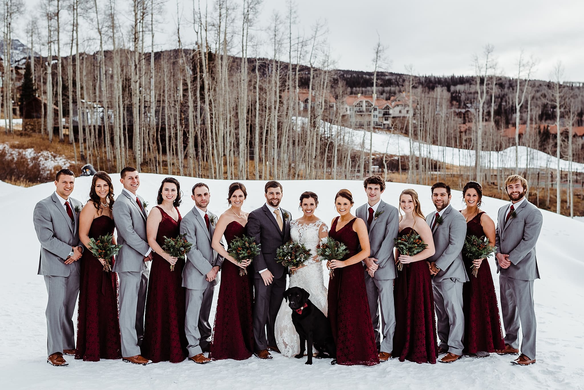 gray and cranberry wedding party