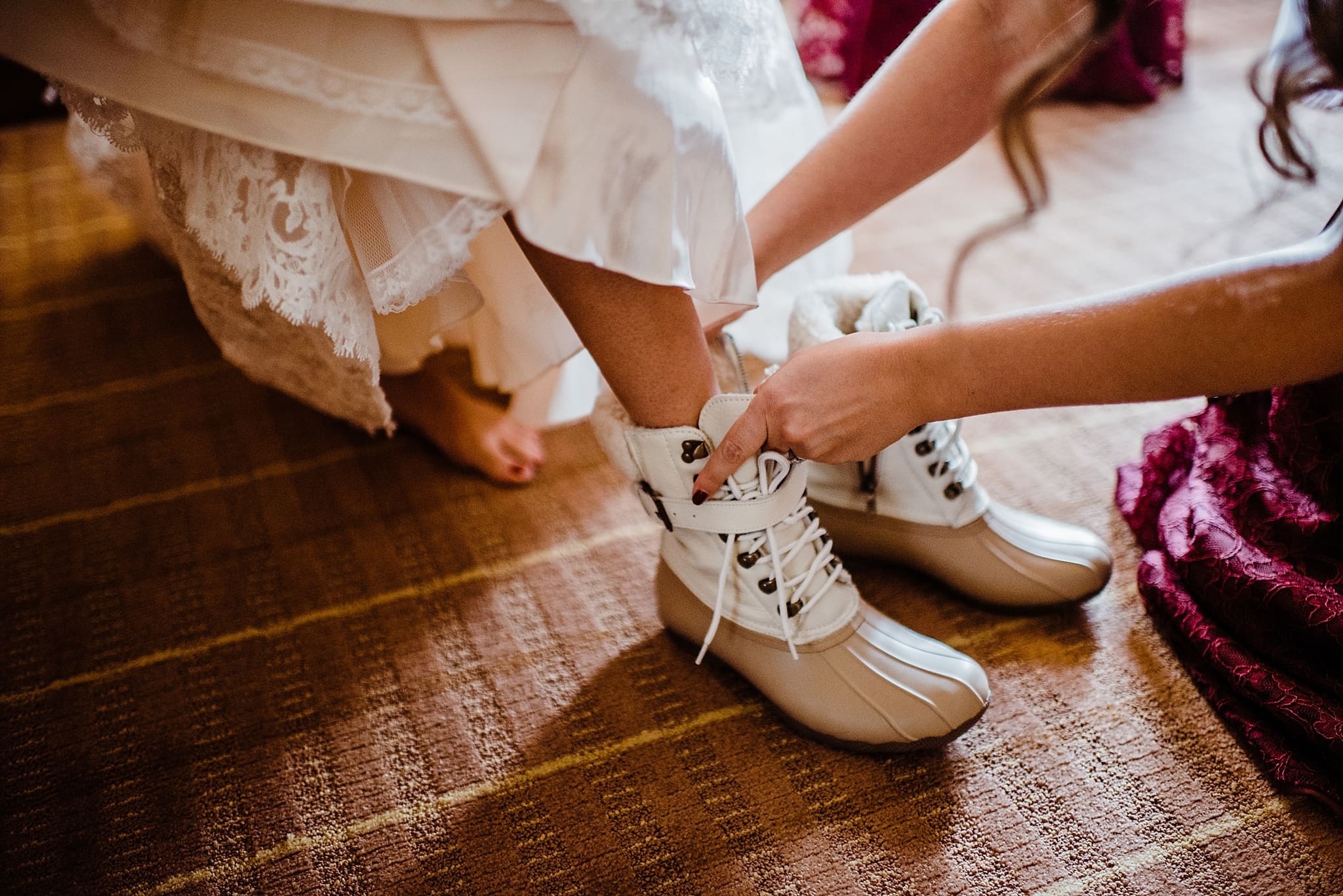 bride wearing sperry boots