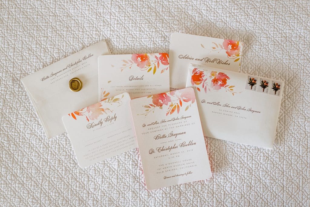 coral flower wedding invites