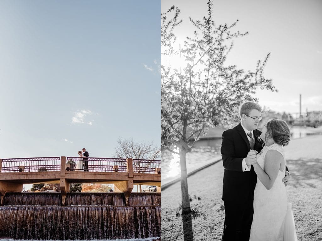 wedding couple's photos at the riverwalk in pueblo