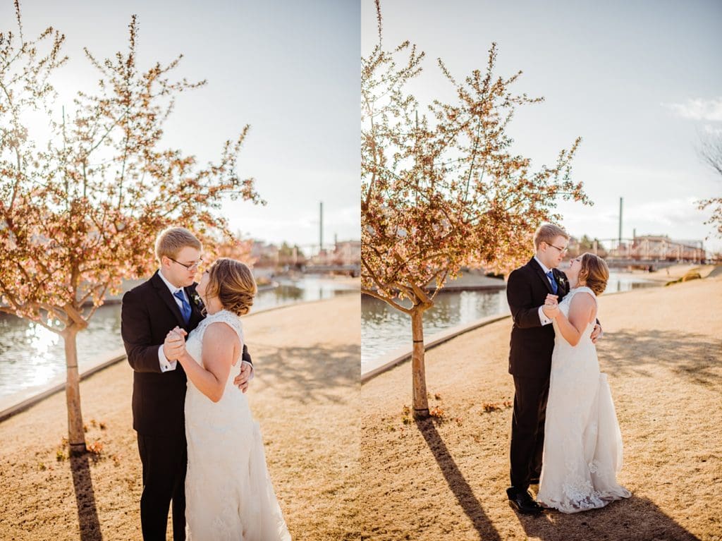 wedding couple's photos at the riverwalk in pueblo