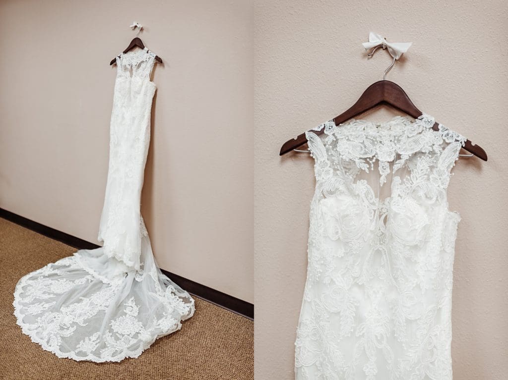 bridal gown hanging on the wall