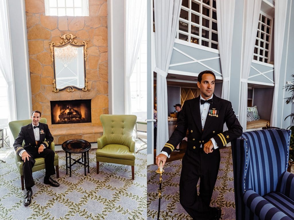 groom portraits in hotel lobby
