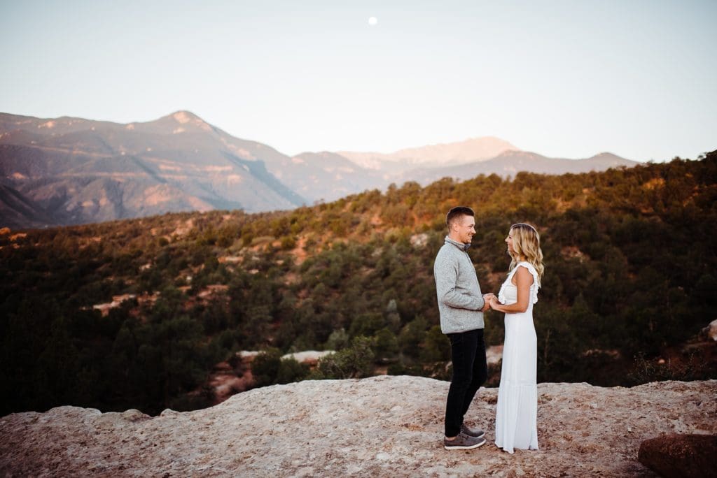 romantic sunrise engagement session at garden of the gods