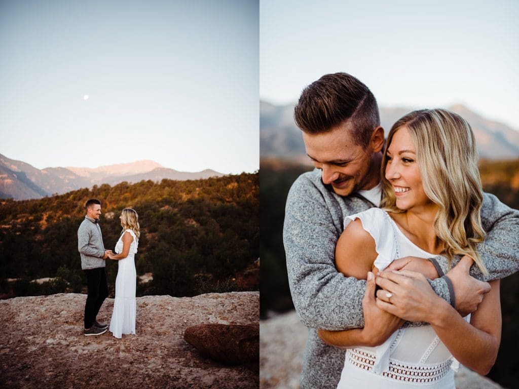 romantic sunrise engagement session at garden of the gods