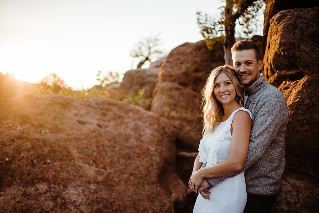 romantic sunrise engagement session at garden of the gods