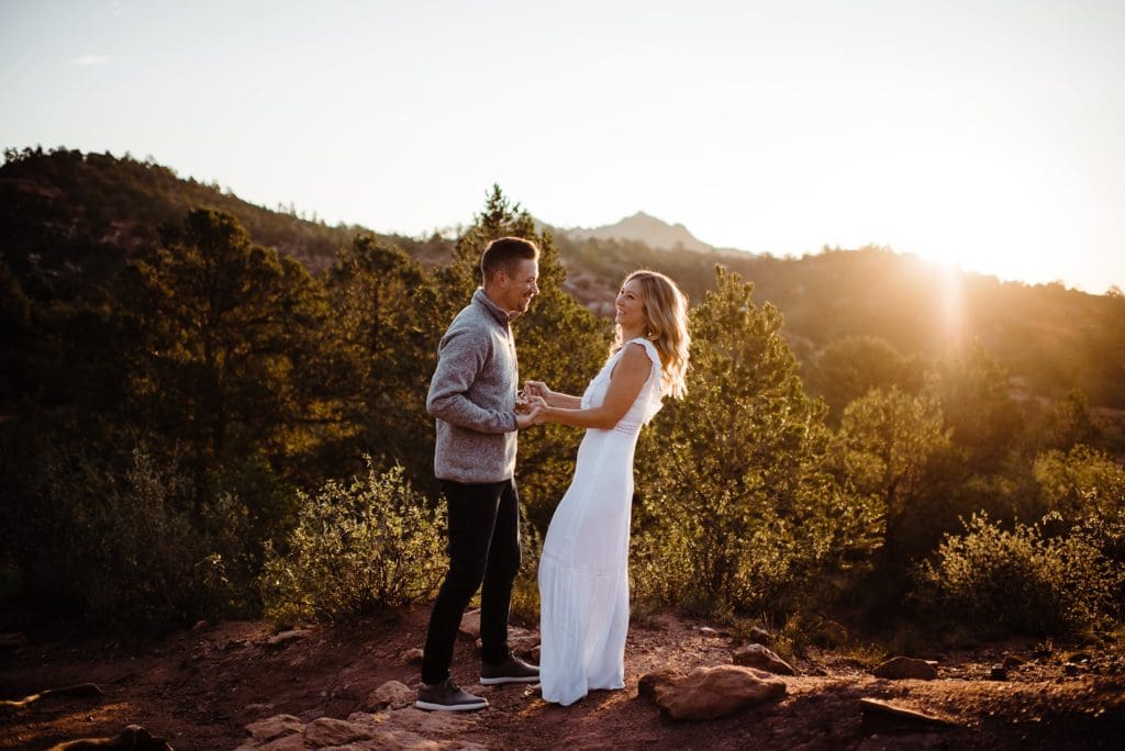 romantic sunrise engagement session at garden of the gods