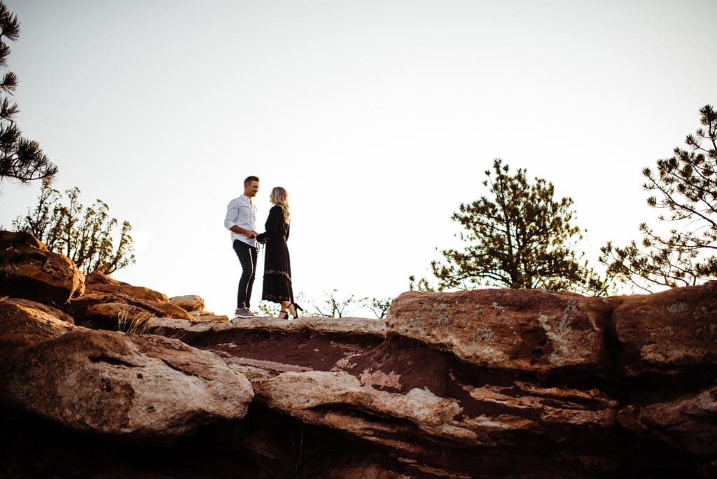 romantic sunrise engagement session at garden of the gods