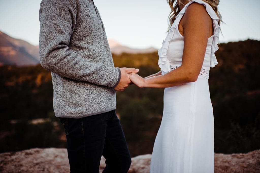 romantic sunrise engagement session at garden of the gods