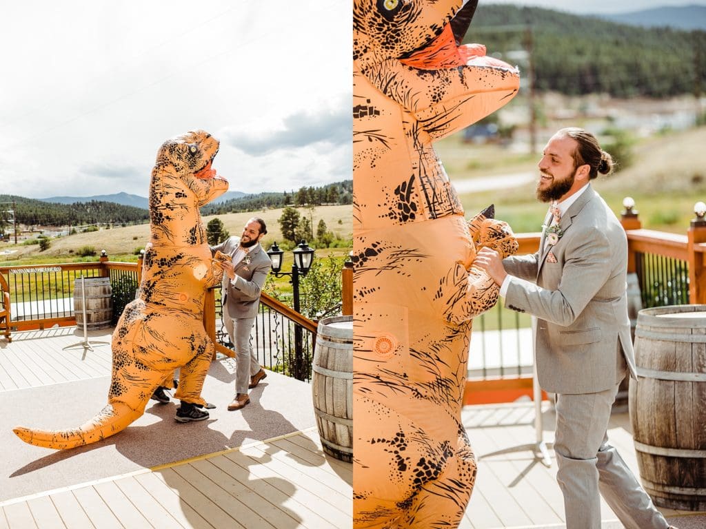 bride plays prank on groom with t rex costume