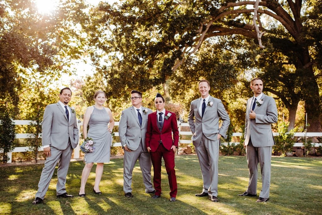 gray and maroon wedding party