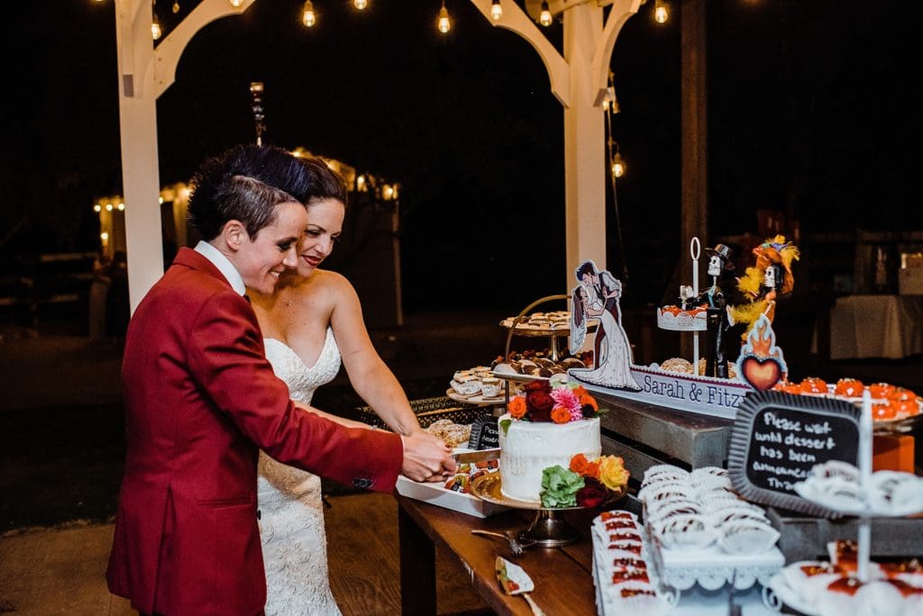 wedding cake cutting at reception