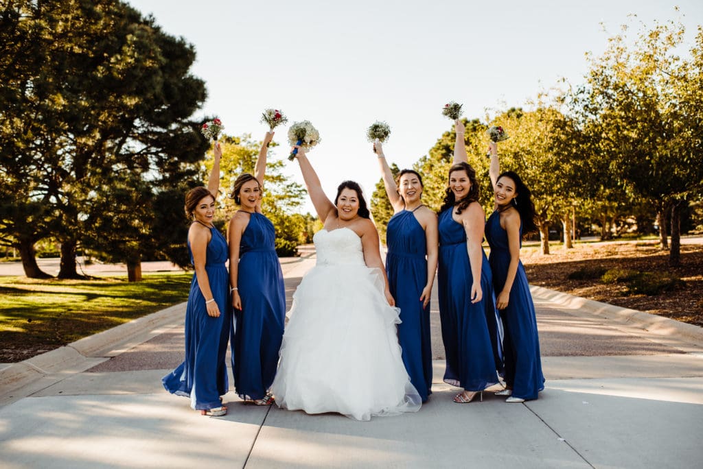 bridal party in blue dresses