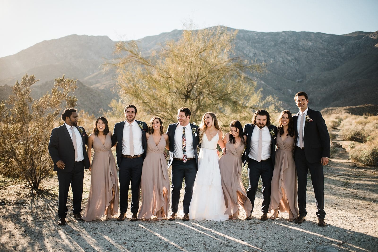 large wedding party photos in the desert palm springs wedding