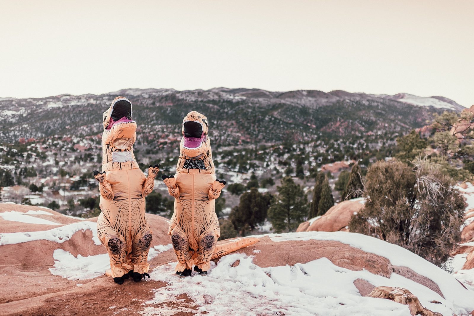 engagement photos in dinosaur costumes