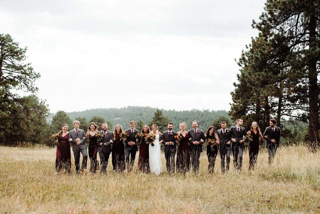 large wedding party in maroon and gray