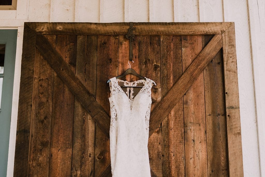 wedding dress hanging up at deerfield estates
