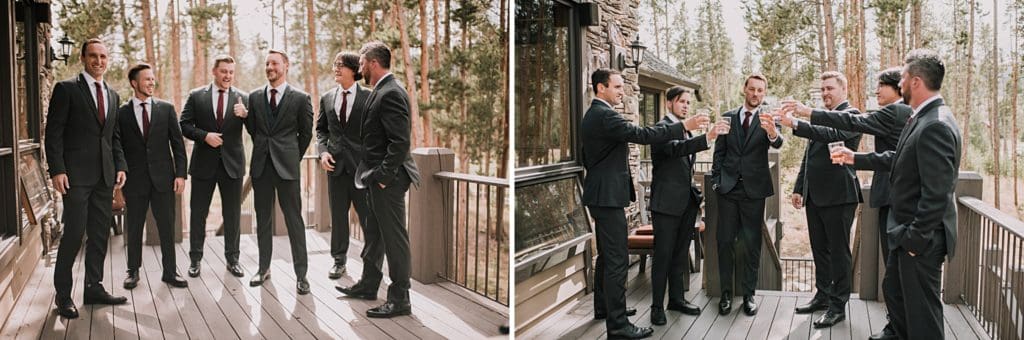 groom getting ready outside cabin for mountain wedding