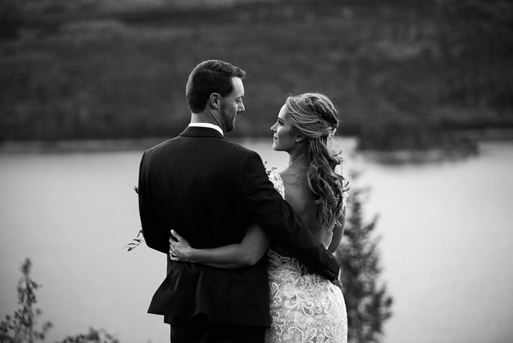 black and white wedding portrait from behind
