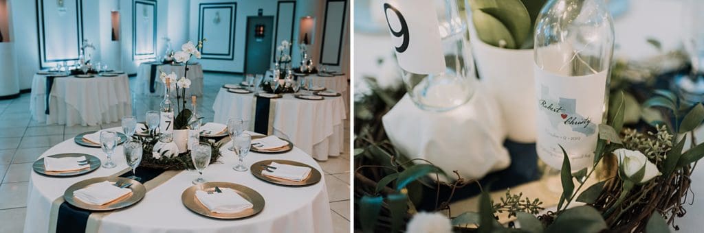 indoor wedding reception with blue up lighting