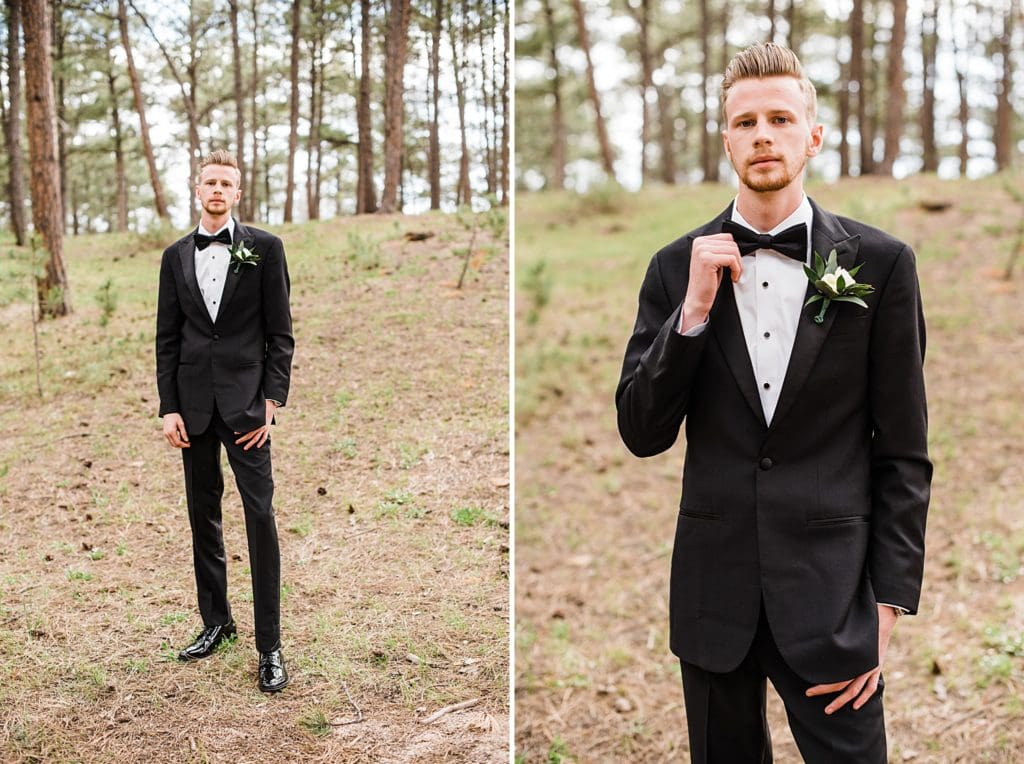 groom photos in the forest