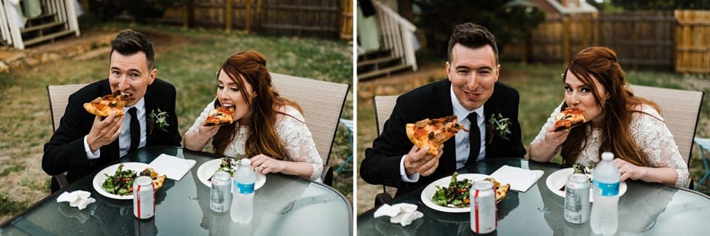 bride and groom eating pizza together