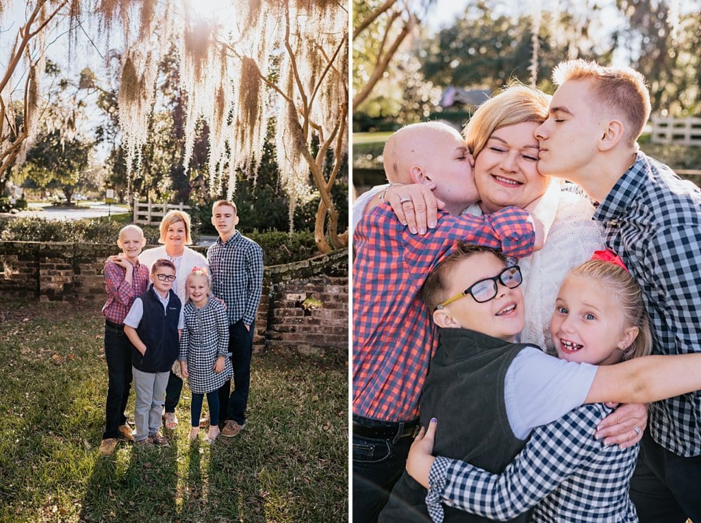 on left grandchildren with grandmother and on right grandchildren showing lots of love to their grandmother