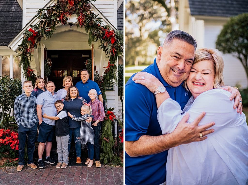 on left a family picture standing up and on right grandparents hugging