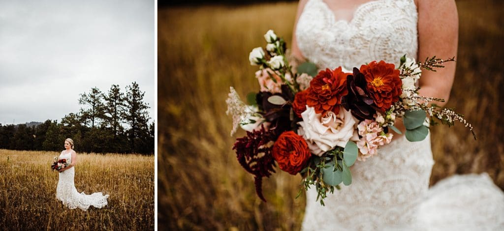 bride with shades of red bouquet