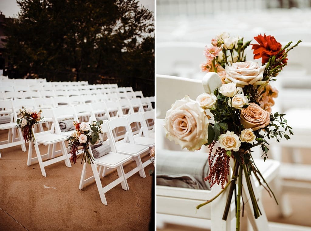 roses tied to chairs for wedding ceremony