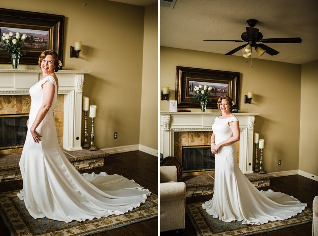 bride in front of the fireplace