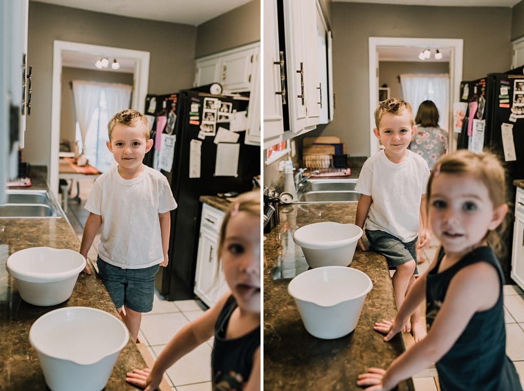 kids getting ready to make waffles with mom