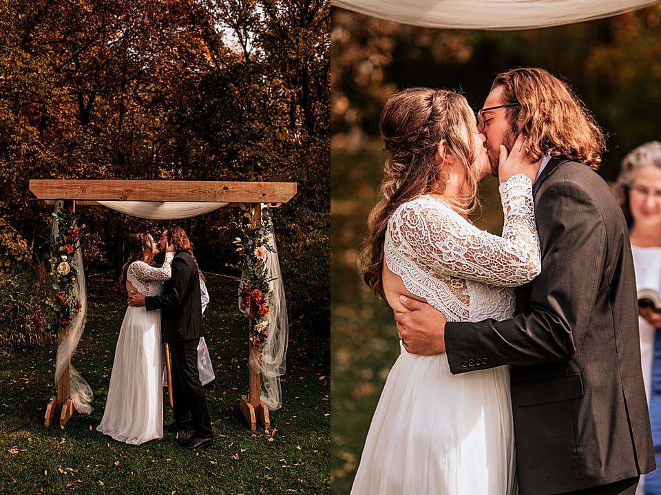 first kiss at intimate backyard autumn wedding