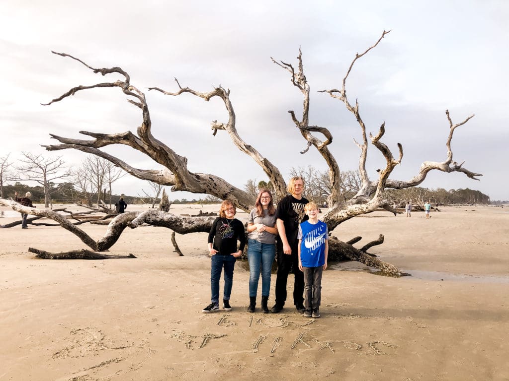 my kids at driftwood beach on jekyll island in georgia