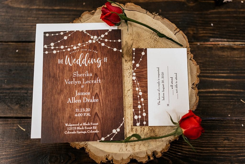 wedding invitations on wood circle