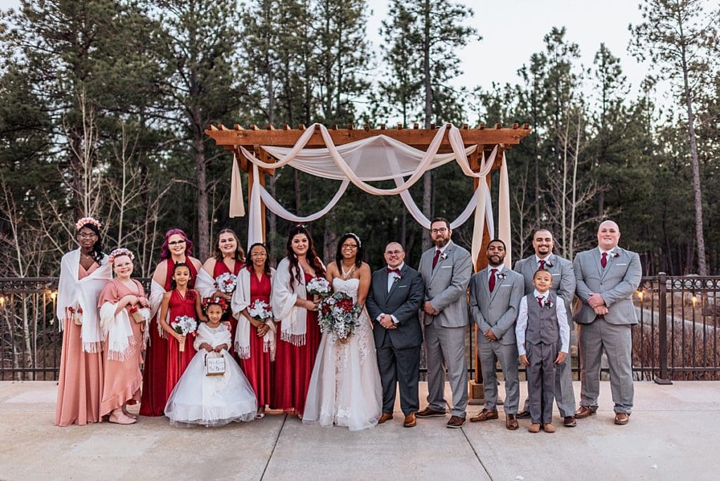 large gray red and pink wedding party