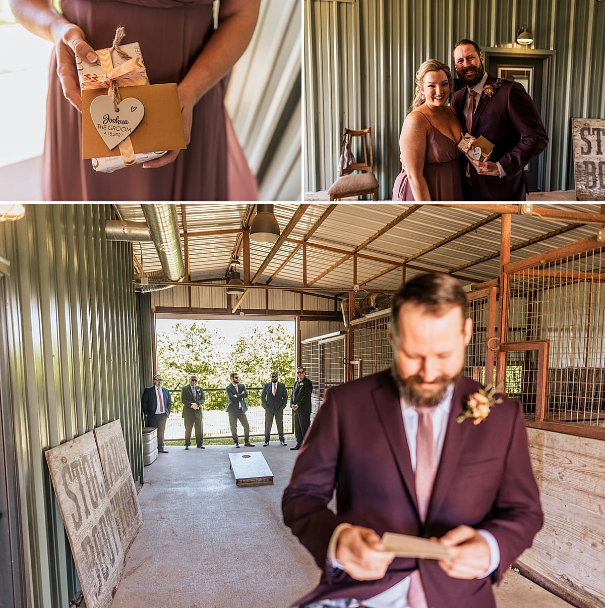 groom getting gift from bride on wedding day