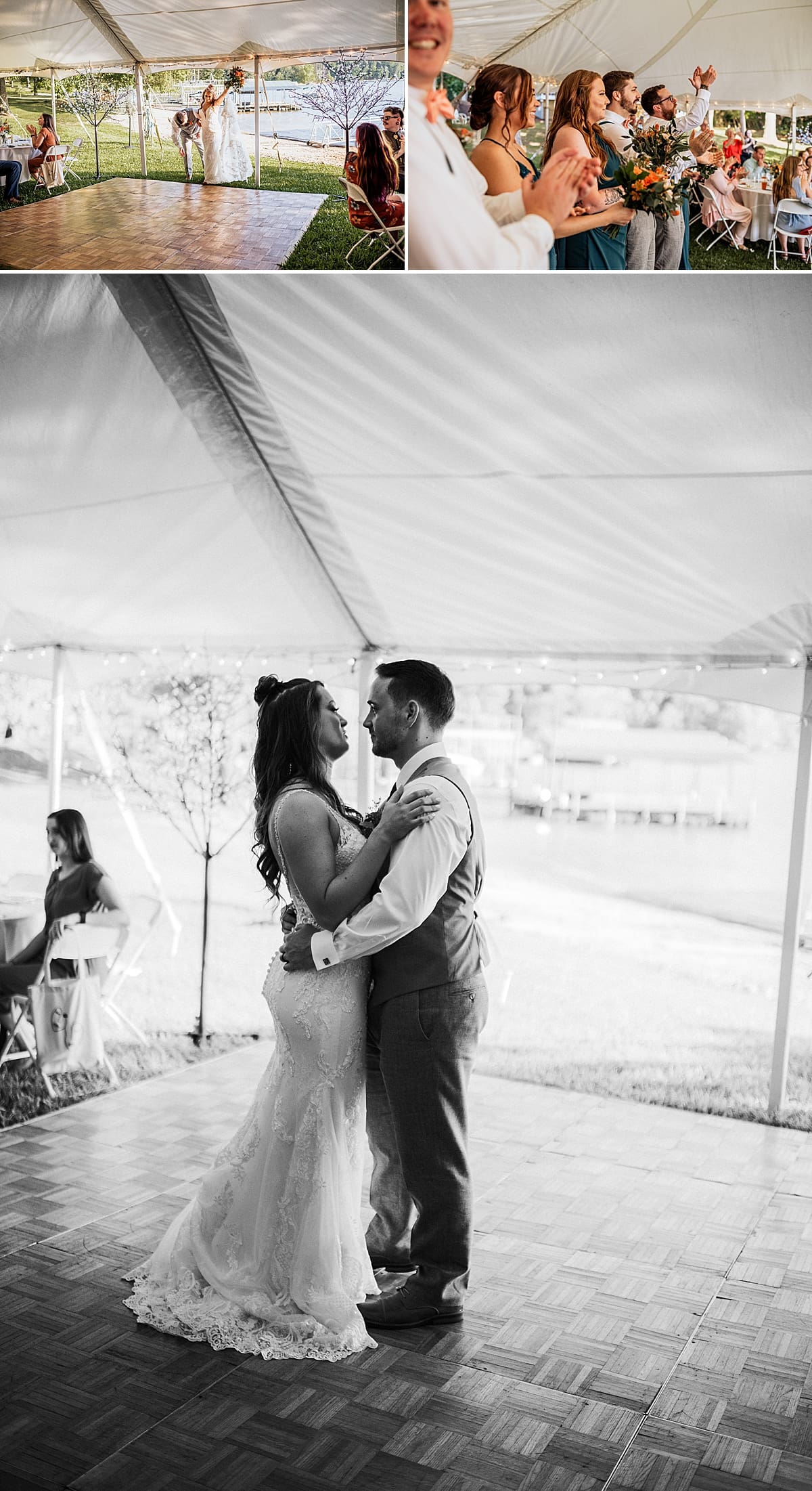 bride and groom dancing at tented outdoor reception