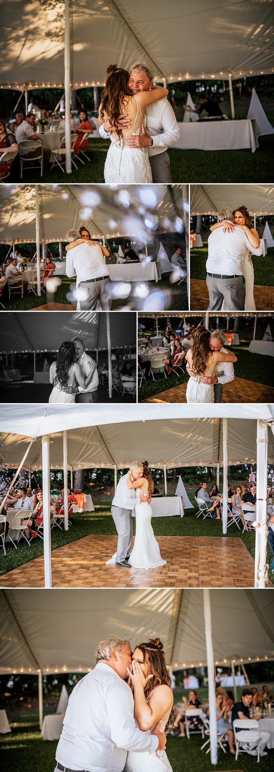 father daughter dancing at tented outdoor reception