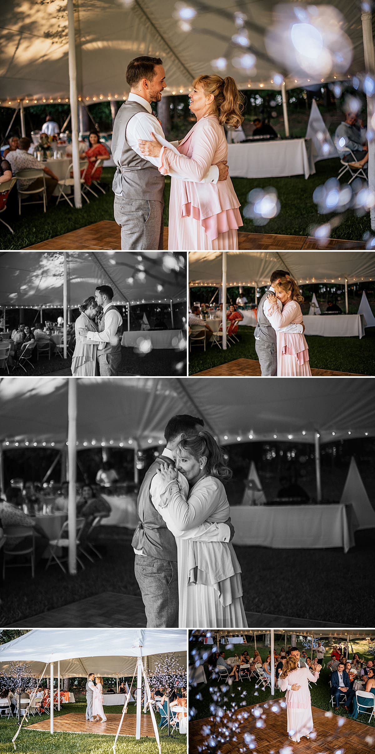 mother son dancing at tented outdoor reception