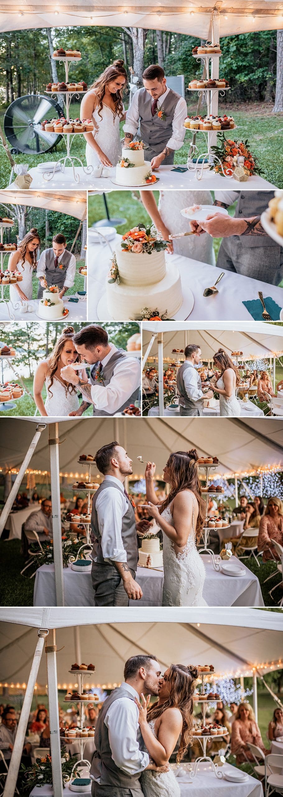 wedding couple cutting cake outside tented reception