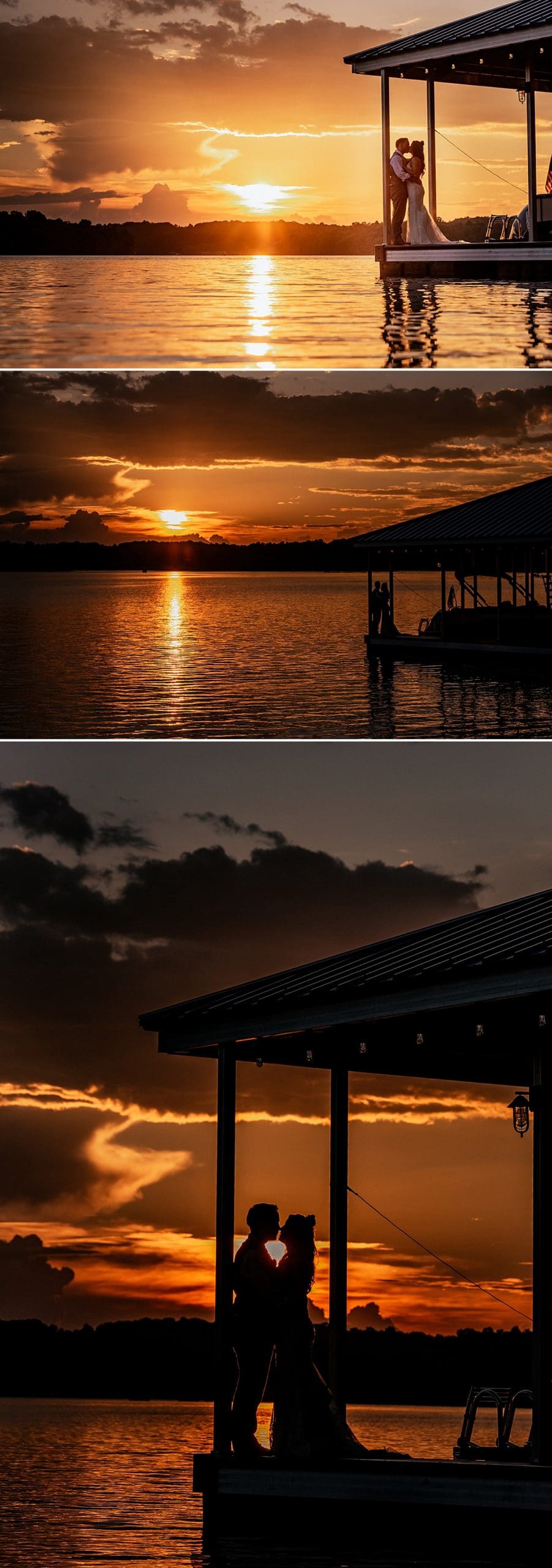 romantic sunset silhouette wedding photos at lake