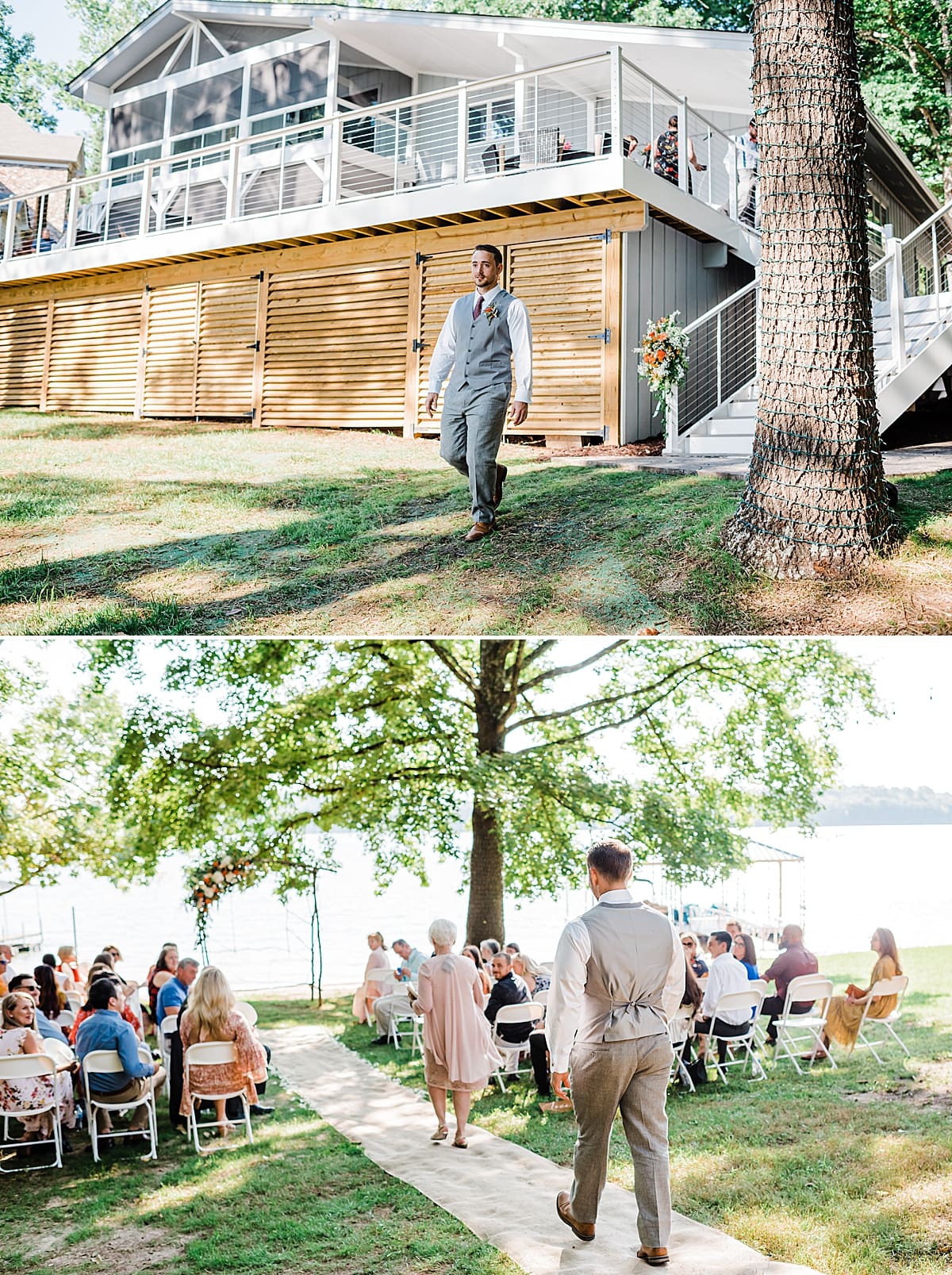 groom entering outdoor lakeside wedding ceremony