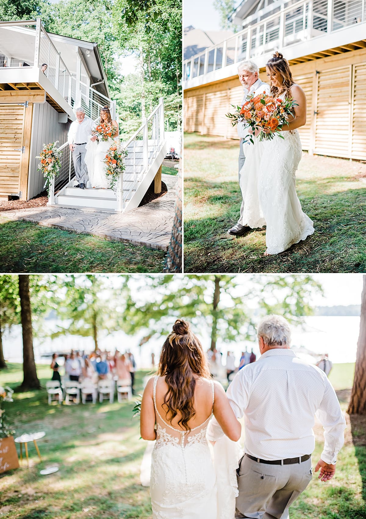 bride getting walked down the aisle by father at backyard wedding at a lake house
