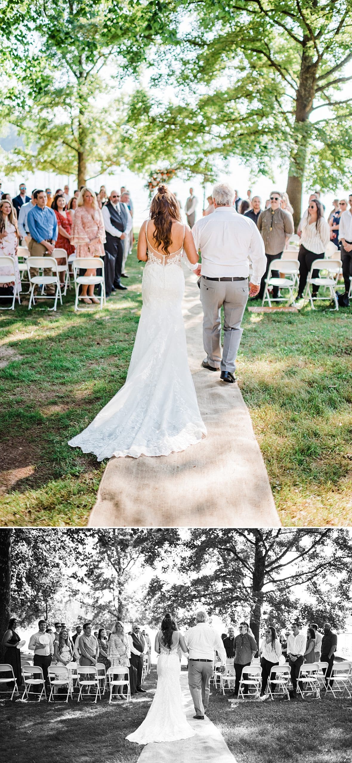 bride getting walked down the aisle by father at backyard wedding at a lake house