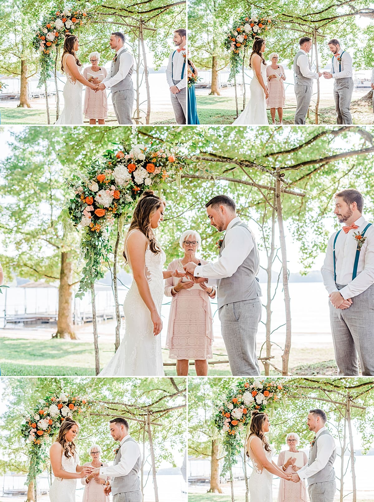 bride and groom exchanging rings at lake house backyard wedding