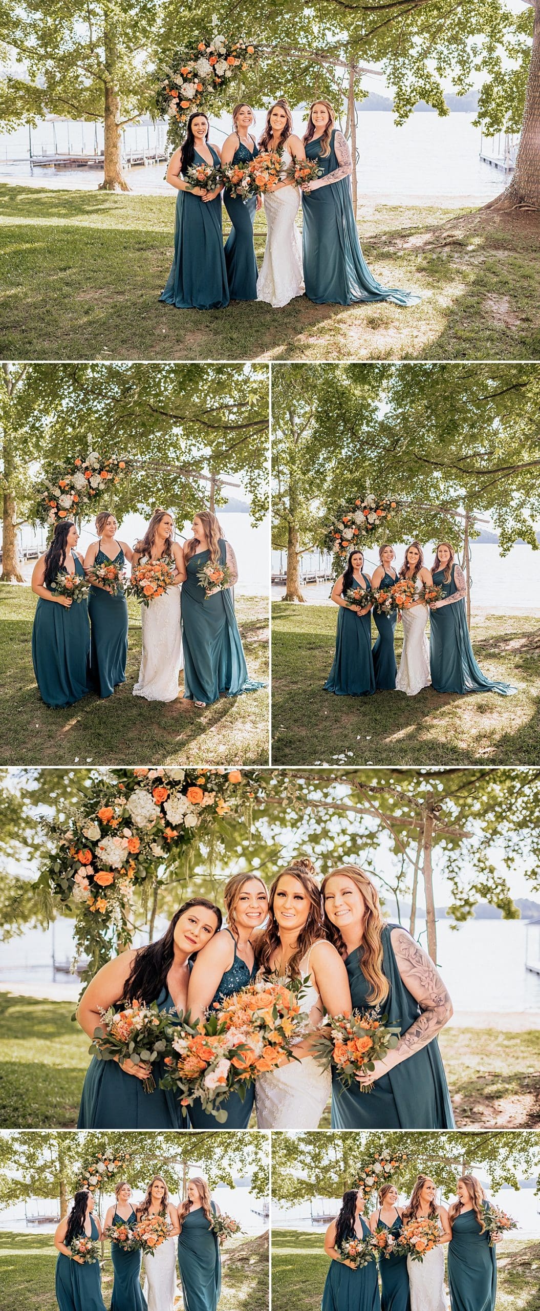 bridesmaids in various shades of dark teal