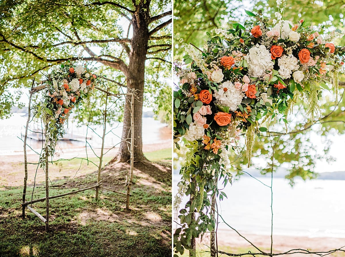 bohemian style wedding arch with summer color flowers