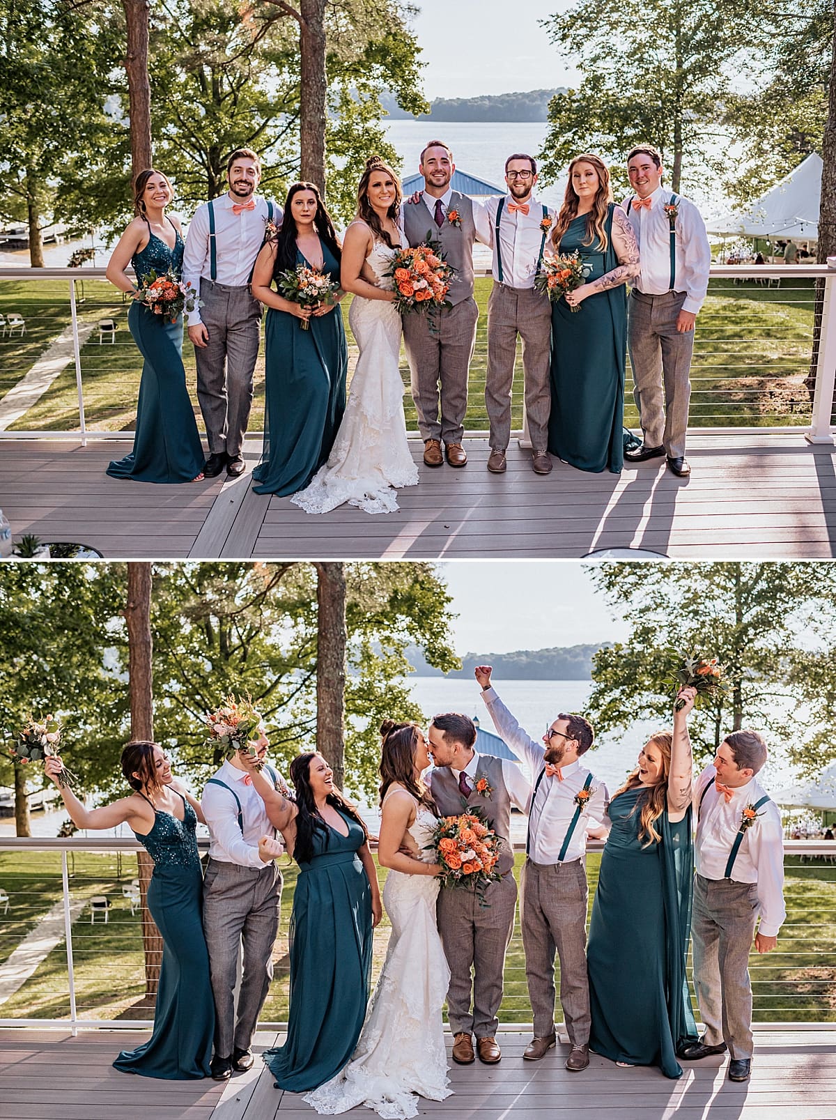 wedding party on the balcony of a lake house